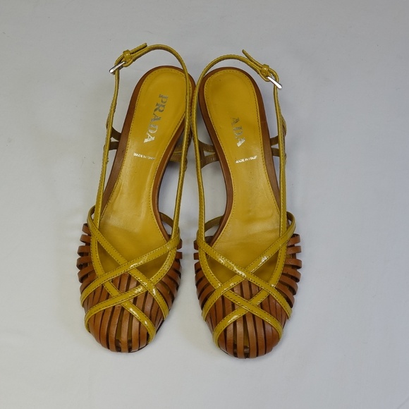 Prada Sling Kitten Heel Patent Golden Yellow Shoe - Picture 3 of 7